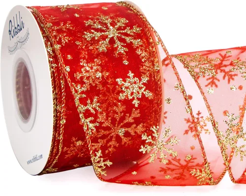 Vista 13 de Ribbli Cinta con alambre de purpurina de copo de nieve, organza dorada transparente con patrón de copo de nieve con purpurina dorada y borde