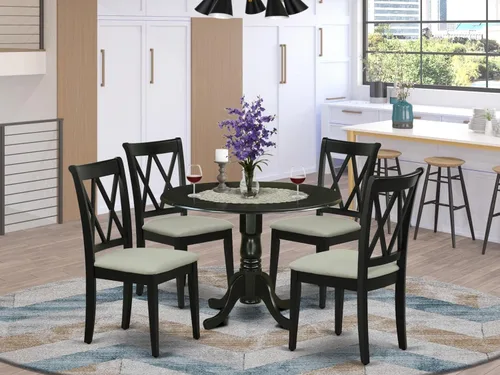 Vista 2 de East West Furniture DLCL5-BLK-C - Juego de mesa de comedor de 5 piezas, incluye una mesa de comedor redonda con gotas y 4 sillas tapizadas de tela