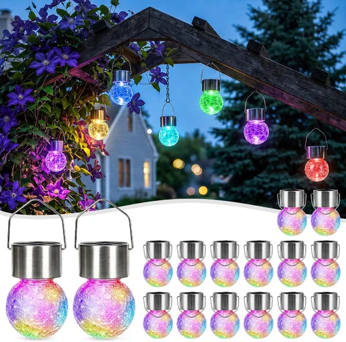 Vista 9 de Solpex Luces solares colgantes al aire libre, paquete de 8 luces decorativas de bola de vidrio agrietado, iluminación solar impermeable, luces