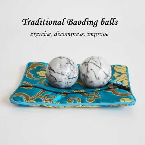 Vista 3 de Bolas de baoding tradicionales chinas de mármol natural negro y blanco para ejercicio de salud, medicina, bolas de masaje para terapia de manos