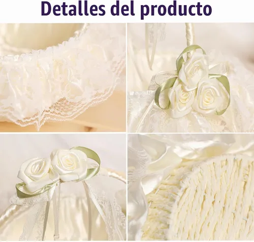 Vista 3 de DULRLLY Cesta de almacenamiento tejida a mano con mango extraíble y diamantes de imitación, cesta de pétalos románticos dulces, cesta de encaje