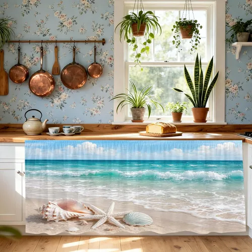 Vista 3 de Lukery Ocean Patterns Kitchen Cabinet Curtains Dustproof No Drilling (Beach,40x70cm)