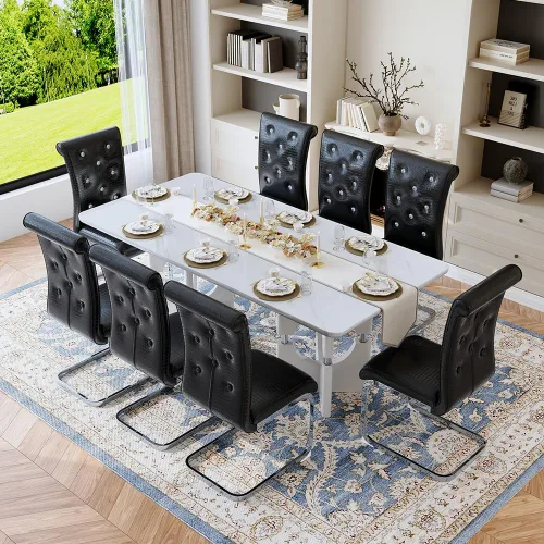 Vista 16 de Mesa de comedor moderna para mesa de comedor de mármol sintético blanco de 6, 8, 71 pulgadas, con patas negras y doradas, mesa de cocina rectangular