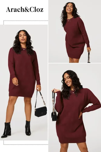Vista 5 de Arach&Cloz Vestido de suéter de moda de otoño para mujer, de gran tamaño, cuello redondo, manga larga, suéter de punto, ropa de invierno