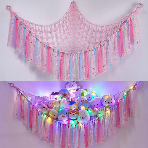 Vista 9 de FIOBEE Red de Animales de Peluche o Hamaca con Luz LED, Hamaca de Juguetes Colgante Organizador de Almacenamiento Soporte para Animales de Peluche