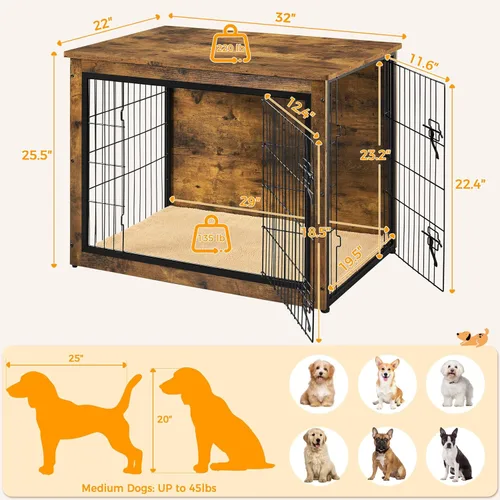Vista 3 de Yaheetech 32" Mesa auxiliar de jaula para perros con cojín, jaula de madera para perros con puertas dobles/pies ajustables, mesa auxiliar lateral