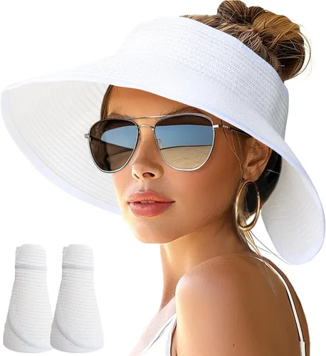 Vista 23 de NPJY Sun Hats for Women Wide Brim Roll-Up Ponytail Packable Straw Visor Blanco