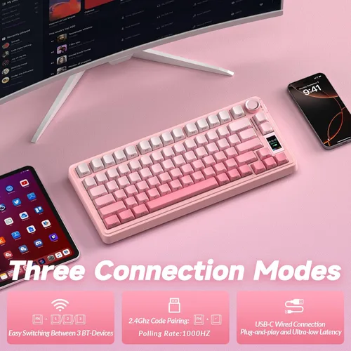 Vista 4 de AULA Teclado mecánico inalámbrico S75 PRO con pantalla y perilla, teclado para juegos intercambiable en caliente de tres modos 75%, interruptores