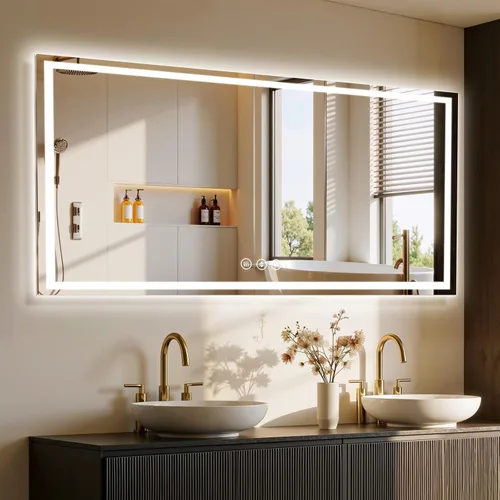 Vista 25 de Espejo de baño LED de 16 x 24 pulgadas con luces, antiniebla, retroiluminado + luz frontal, espejo de tocador de baño iluminado para pared, función