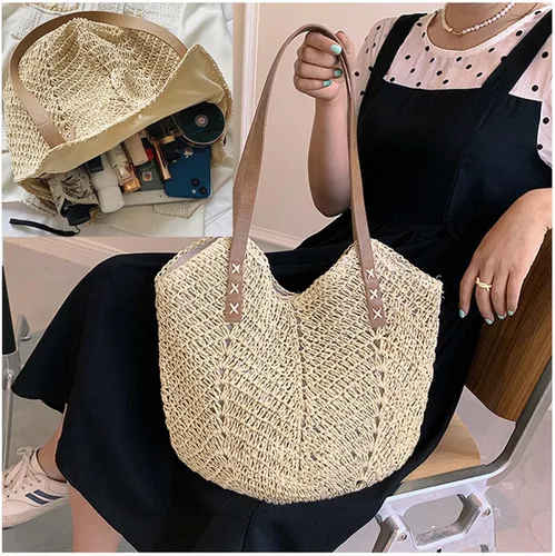 Vista 5 de ZNMDOK Bolsa de paja para mujer, bolsa de playa de verano, bolsa de hombro tejida grande con red de pesca