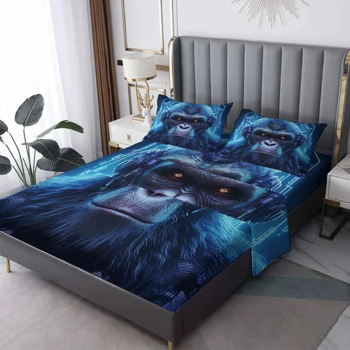 Vista 9 de Juego de sábanas de chimpancé tamaño individual, sábanas de chimpancé, sábanas y fundas de almohada estampadas de 3 piezas, sábana bajera ajustable
