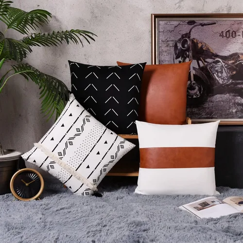 Vista 3 de Tosewever Juego de 4 fundas de almohada geométricas bohemias de 18 x 18 pulgadas, fundas de almohada de algodón de piel sintética a rayas modernas