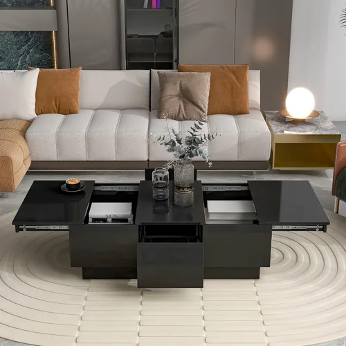 Vista 19 de Mesa de centro moderna con vidrio templado, mesa de cóctel de madera con superficie UV de alto brillo, mesa central rectangular modernista de 2 Negro