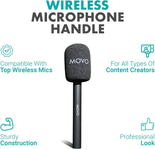 Vista 2 de Movo WMX-HM - Mango de micrófono para DJI Mic, Rode Wireless GO, Hollyland Lark y más - Mango de micrófono inalámbrico para entrevista - Adaptador