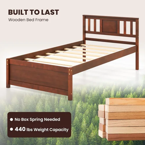 Vista 5 de Giantex Marco de cama individual con cabecero, cama de plataforma de madera maciza de mediados de siglo, cama de panel individual con soporte