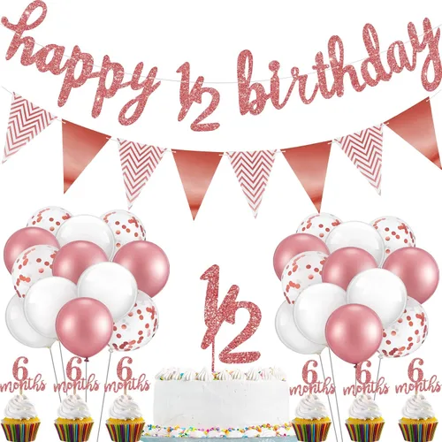 Vista 8 de Skylety Decoraciones de 1/2 de mitad de cumpleaños, traje de 6 meses, pancarta de bebé, decoración de cupcakes, bandera triangular, globos de Azul