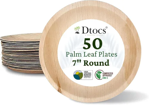 Vista 8 de Dtocs Platos de hoja de palma redondos de 7 pulgadas (50) Platos de bambú desechables de aspecto compostable para cóctel, aperitivo, postre, mini