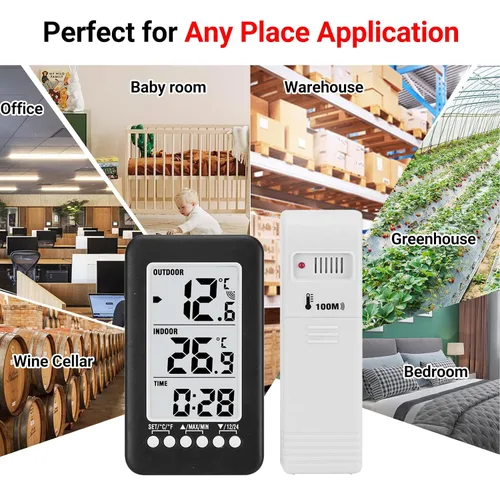 Vista 6 de Termómetro para interiores y exteriores Termómetro inalámbrico para casa LCD ℃/℉ Reloj digital Medidor de temperatura con transmisor Números fáciles
