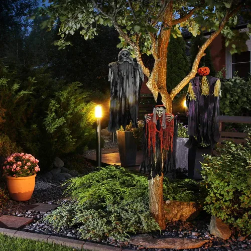 Vista 9 de JOYIN Paquete de 3 fantasmas colgantes de 35 pulgadas, decoración de calabaza para colgar de Halloween, decoración de Halloween al aire libre