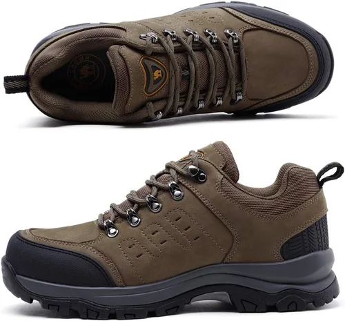 Vista 2 de CAMEL CROWN Zapatos de senderismo para hombre, botas de corte bajo, zapatos de cuero para caminar al aire libre, senderismo, entrenamiento, trabajo