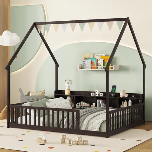 Vista 11 de Bellemave Twin House Floor Bed Frame,Espresso Solid wood montessori bed with storage shelves, built-in LED lights, charging station, no box spring