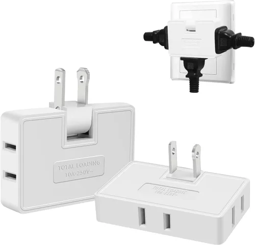 Vista 9 de Adaptador extensor de salida de pared de 3 vías plano - Paquete de 2 Adaptador de enchufe plano giratorio de 180 grados AC, extensor de salida