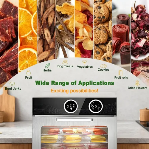 Vista 8 de Food Dehydrator Fruit Dryer Machine, Adjustable Temperature & 12H Timer Dehydrator Machine with 8 Stainless Steel Trays, 800W Jerky Dehydrator for