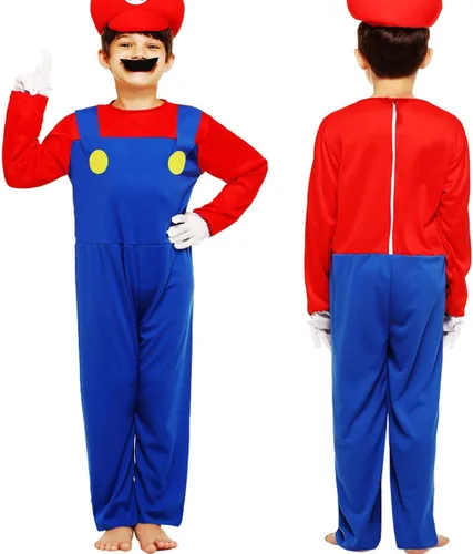 Vista 2 de Hewtwerck Disfraz de Super Brothers para niños, disfraz de Mario Fontanero para Halloween, cosplay, overol con sombrero y guantes de bigote