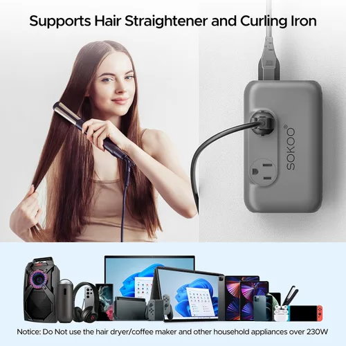 Vista 2 de SOKOO Convertidor de voltaje de 220 V a 110 V, adaptador de viaje universal internacional, 4 puertos USB (1 USB C) convertidor de corriente reductor