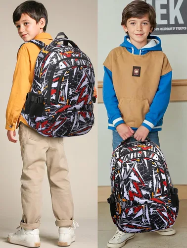 Vista 6 de BLUEFAIRY Mochila escolar para niños de regreso a la escuela, bolsa de libros, Negro Blanco, Triángulo