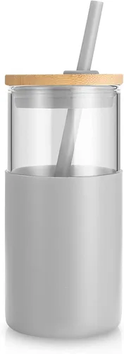 Vista 32 de Tronco Vaso de vidrio de 28 onzas con tapas y pajilla, taza reutilizable para café helado y vaso para batidos con tapa de bambú, funda de silicona