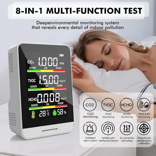 Vista 5 de Monitor de calidad del aire para interiores, probador inteligente de calidad del aire 8 en 1 con CO2, TVOC, HCHO, AQI, temperatura y humedad
