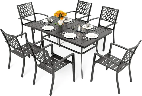 Vista 39 de PHI VILLA Juego de comedor al aire libre de 7 piezas para 6, mesa rectangular de metal negro de 60 pulgadas con agujero para sombrilla y sillas