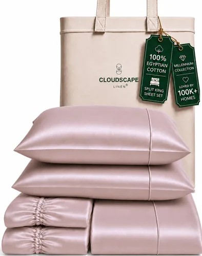 Vista 9 de Cloud Scape Linen - Juego de sábanas de algodón egipcio de doble capa, tamaño individual, tejido de satén de fibra larga, juego de 3 piezas, ropa