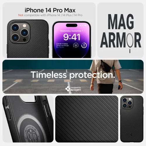 Vista 2 de Spigen Mag Armor MagFit - Funda diseñada para iPhone 14 Pro Max (2022) [protección de grado militar] compatible con MagSafe - negro mate