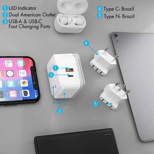 Vista 3 de Ceptics Juego de viaje adaptador de enchufe de alimentación de Brasil, 20 W PD y QC, USB dual seguro y USB-C 3.1A - 2 enchufes de EE. UU. - Compacto
