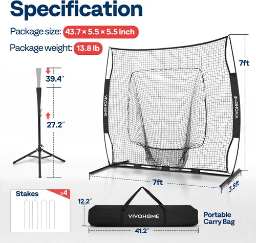 Vista 8 de VIVOHOME Baseball Softball Batting Net - 7x7 Ft Baseball Backstop, Softball Practice Net for Hitting, Pitching, Throwing with Batting Tee and Carry