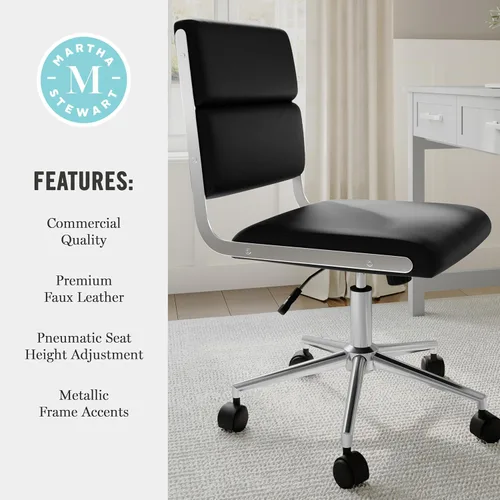 Vista 8 de Martha Stewart Lulu - Silla giratoria con asiento ajustable en altura para oficina en casa en piel sintética negra con marco de níquel pulido