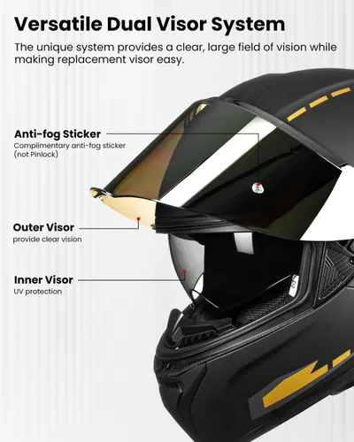 Vista 4 de ILM Cascos de motocicleta de cara completa para adultos, hombres y mujeres, doble visera Powersports Motorbike Street Racing 619 (negro dorado, S)
