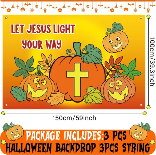 Vista 2 de Preboun 3 carteles de telón de fondo de calabaza cristiana de Halloween para fiestas, 40 x 60 pulgadas, decoración religiosa de tronco o trato