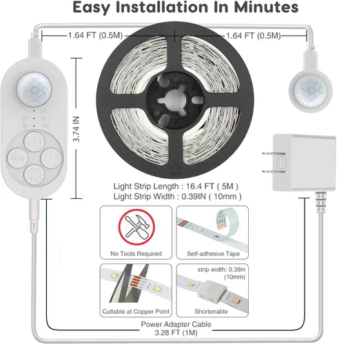 Vista 7 de Luces de Escalera con Doble Sensor para Interiores, Tira de Luz para Escalones Activada por Movimiento Enchufable para Interiores con Atenuador