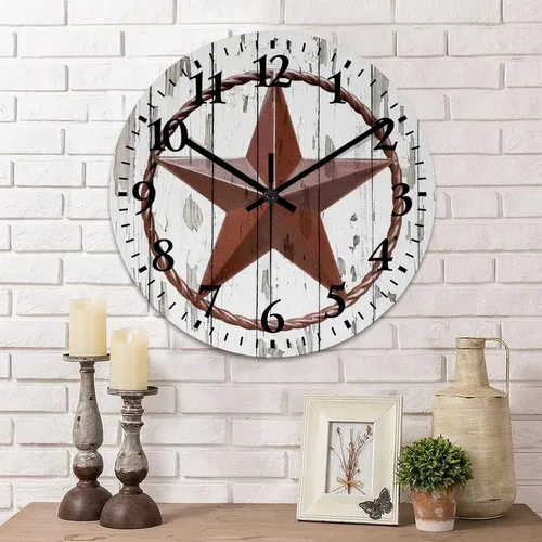 Vista 9 de Reloj de pared vintage con estrella del oeste de Texas con reloj de madera rústica sin tictac, silencioso con pilas, con números grandes, reloj
