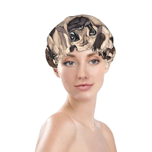 Vista 3 de Lindo gorro de ducha de perro carlino para mujer, doble capa impermeable, sombrero de ducha grande diseñado para todos los cabellos