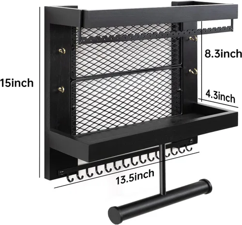 Vista 3 de Pinzoveco Organizador de joyas colgante montado en la pared con soporte organizador de joyas de pared para collares, pulsera, aretes, anillo (negro)