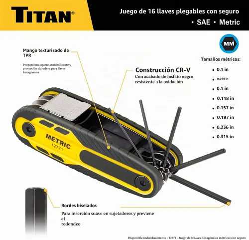 Vista 4 de Titan 12774 Juego de llaves Allen plegables de 16 piezas, métricas y SAE, juegos de llaves hexagonales con bloqueo a 90°, 135° y 180° mediante dos