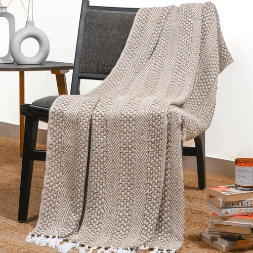 Vista 8 de RAJRANG Manta bohemia de algodón, 50 x 60 pulgadas, manta rústica para sofá para decoración de sala de estar, plumas, gris, beige Gris pluma