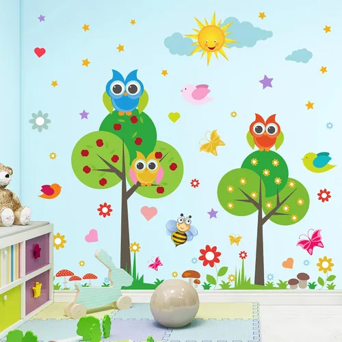 Vista 3 de Calcomanía de pared de animales para niños, diseño de flores, pájaros, mariposas, bricolaje, extraíble, despegar y pegar, decoración de árbol verde