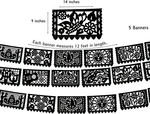 Vista 2 de Pancartas de papel picado negras, decoraciones de fiesta, pancarta de fiesta mexicana, banderines, guirnaldas, serpentinas para bodas, quinceañeras
