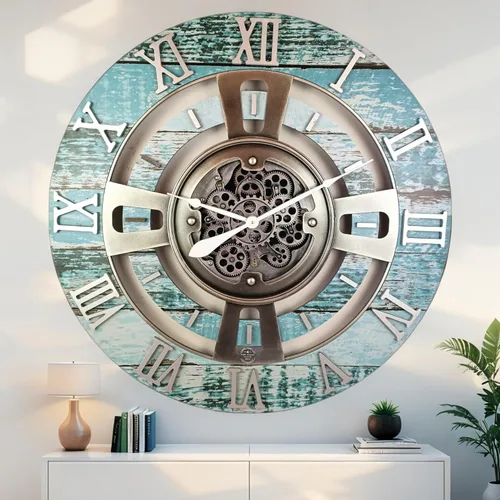 Vista 25 de ImprovingLife The Gears Reloj de pared con engranajes móviles reales línea Inglaterra (Verde Aguamarina, 24 pulgadas (60 cm))