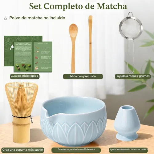 Vista 2 de Juego de batidor Matcha con cuenco de cerámica y cazador de bambú hoja azul